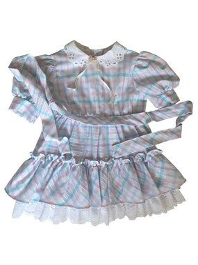 Vtg Celeste Originals Girls Pastel Plaid Dress Lace Trim & Puff Sleeves Size 4 M